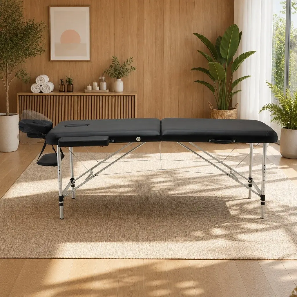 Massage Table Aluminium 70cm Portable Black 2 Fold