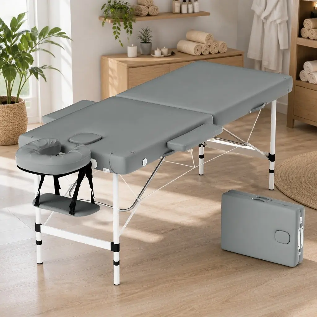 Massage Table Aluminium 55cm Grey 2 Fold Portable Beauty Therapy Bed