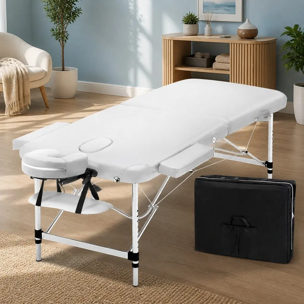 Portable Massage Table Aluminium 75cm White 2 Fold Adjustable Height
