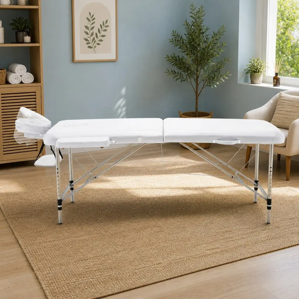 Portable Massage Table Aluminium 75cm White 2 Fold Adjustable Height
