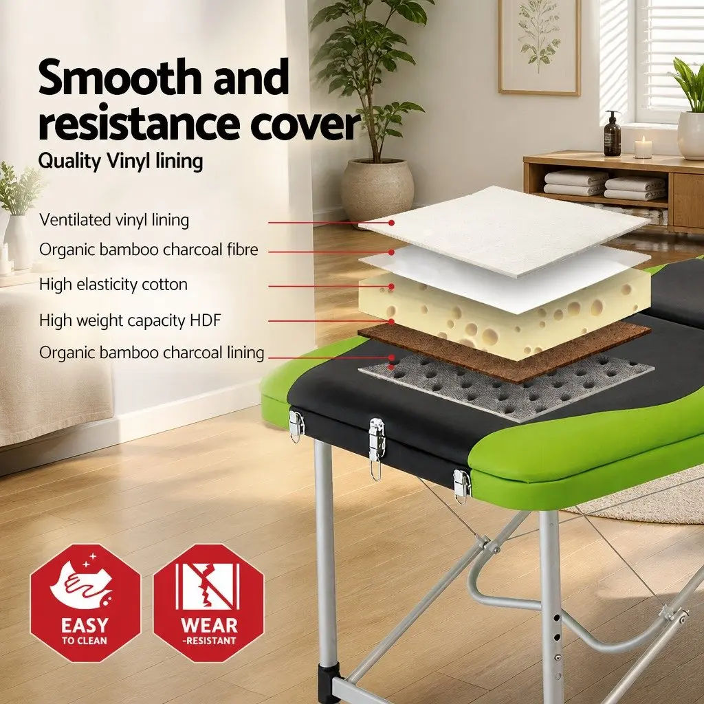 Portable Massage Table Aluminium 75cm Adjustable Height 3 Fold Black Green