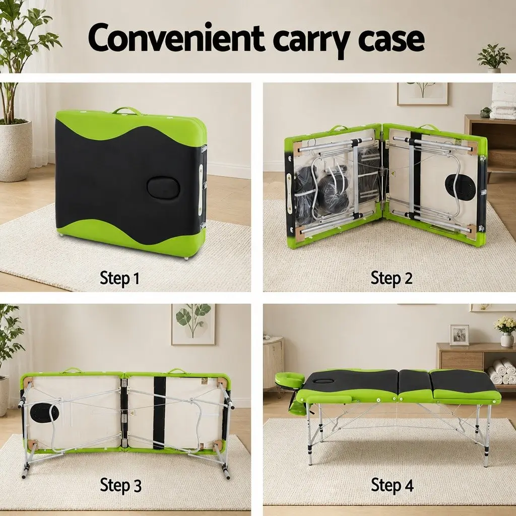 Portable Massage Table Aluminium 75cm Adjustable Height 3 Fold Black Green
