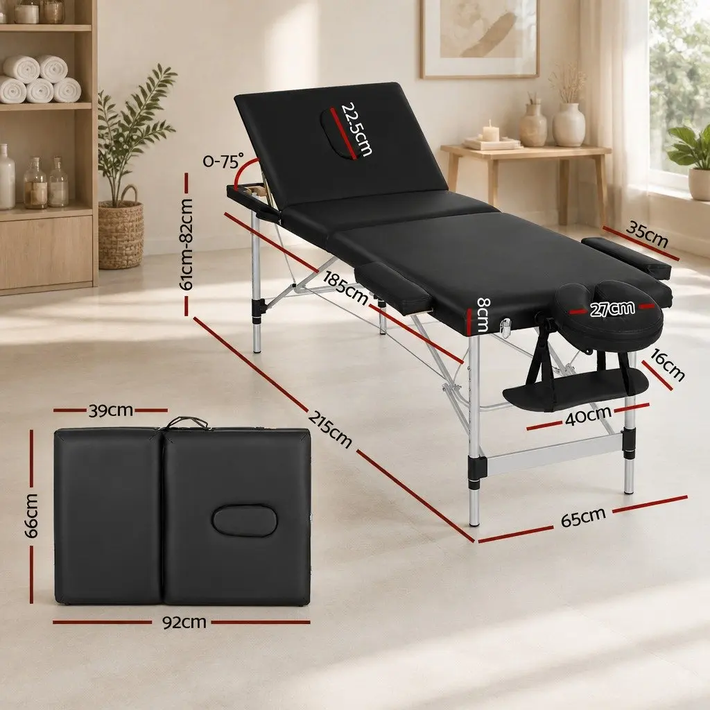 Massage Table Aluminium Frame Vinyl Surface 65cm Black 3 Fold Adjustable Height