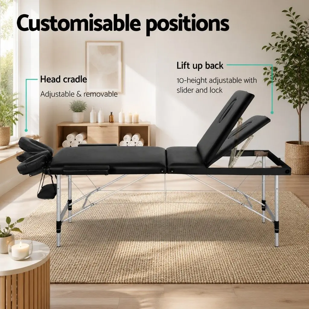 Massage Table Aluminium Frame Vinyl Surface 65cm Black 3 Fold Adjustable Height