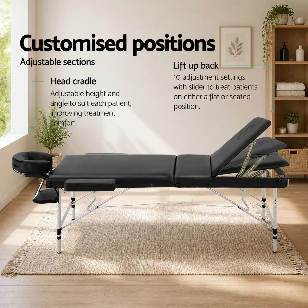 Massage Table 70cm Wide Portable 3 Fold Aluminium Beauty Therapy Bed Black