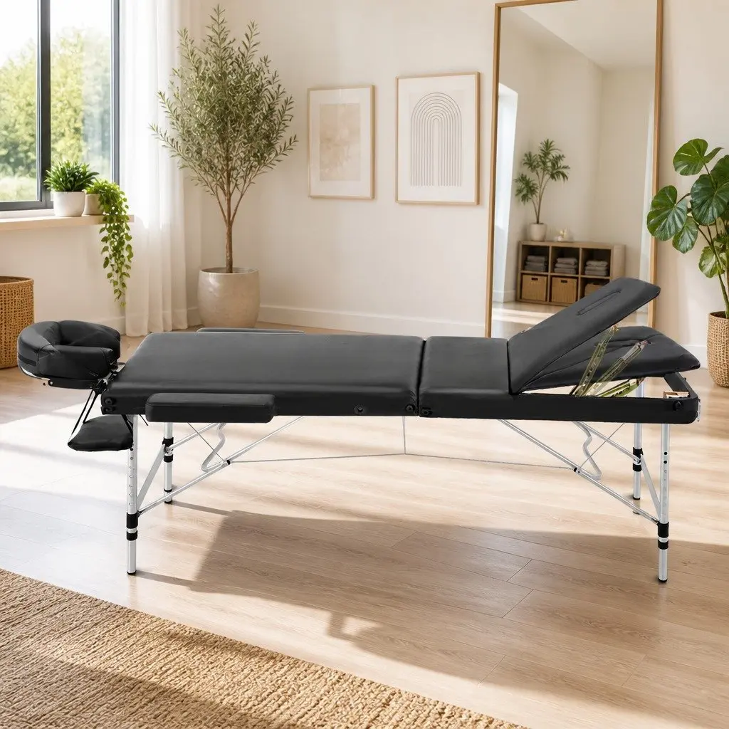Portable Aluminium Massage Table Black 80cm 3 Fold with Adjustable Headrest and High Density Foam for Therapy Clinics Spas Home Use
