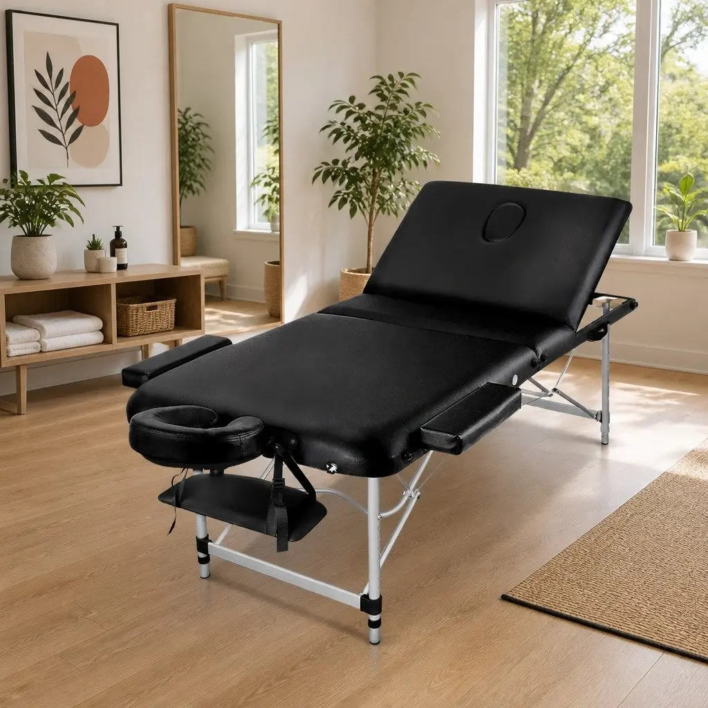 Portable Aluminium Massage Table Black 80cm 3 Fold with Adjustable Headrest and High Density Foam for Therapy Clinics Spas Home Use