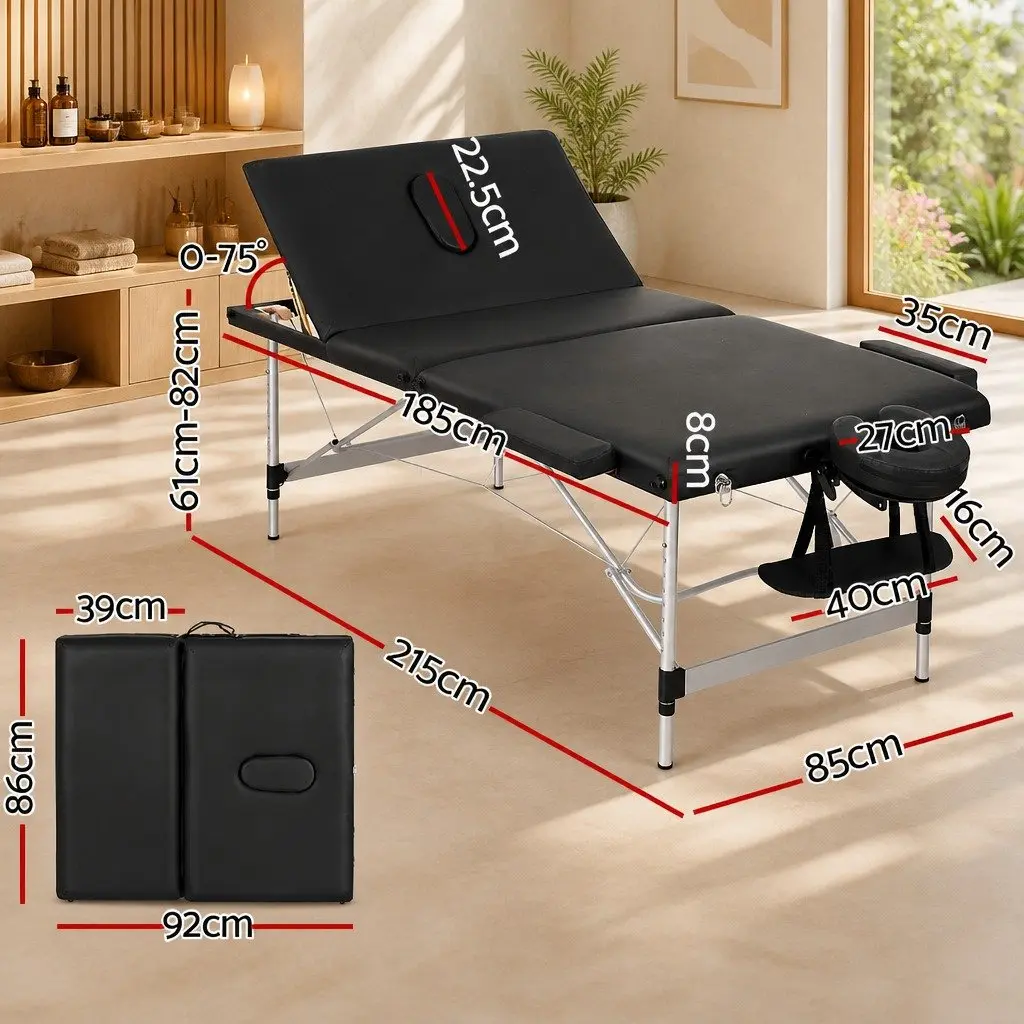 Massage Table Aluminium 85cm Portable 3 Fold Black