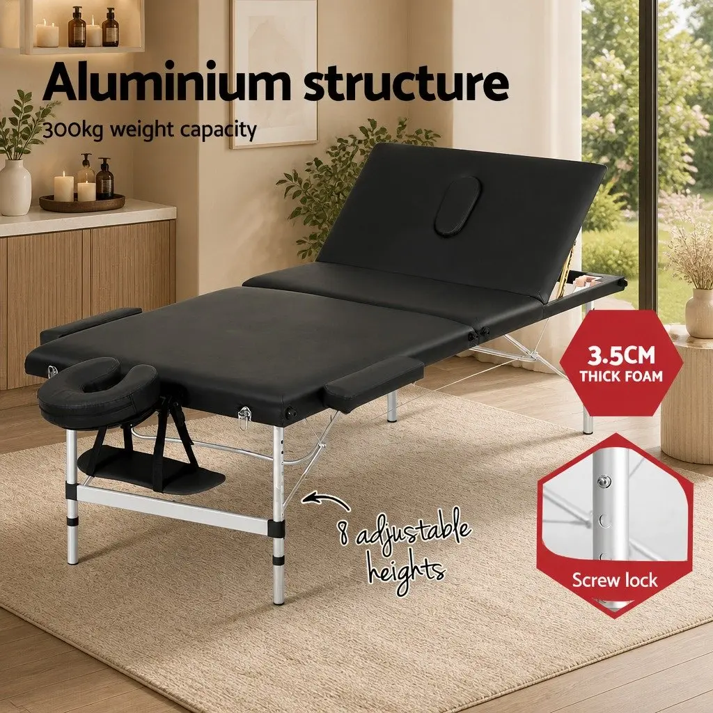 Massage Table Aluminium 85cm Portable 3 Fold Black