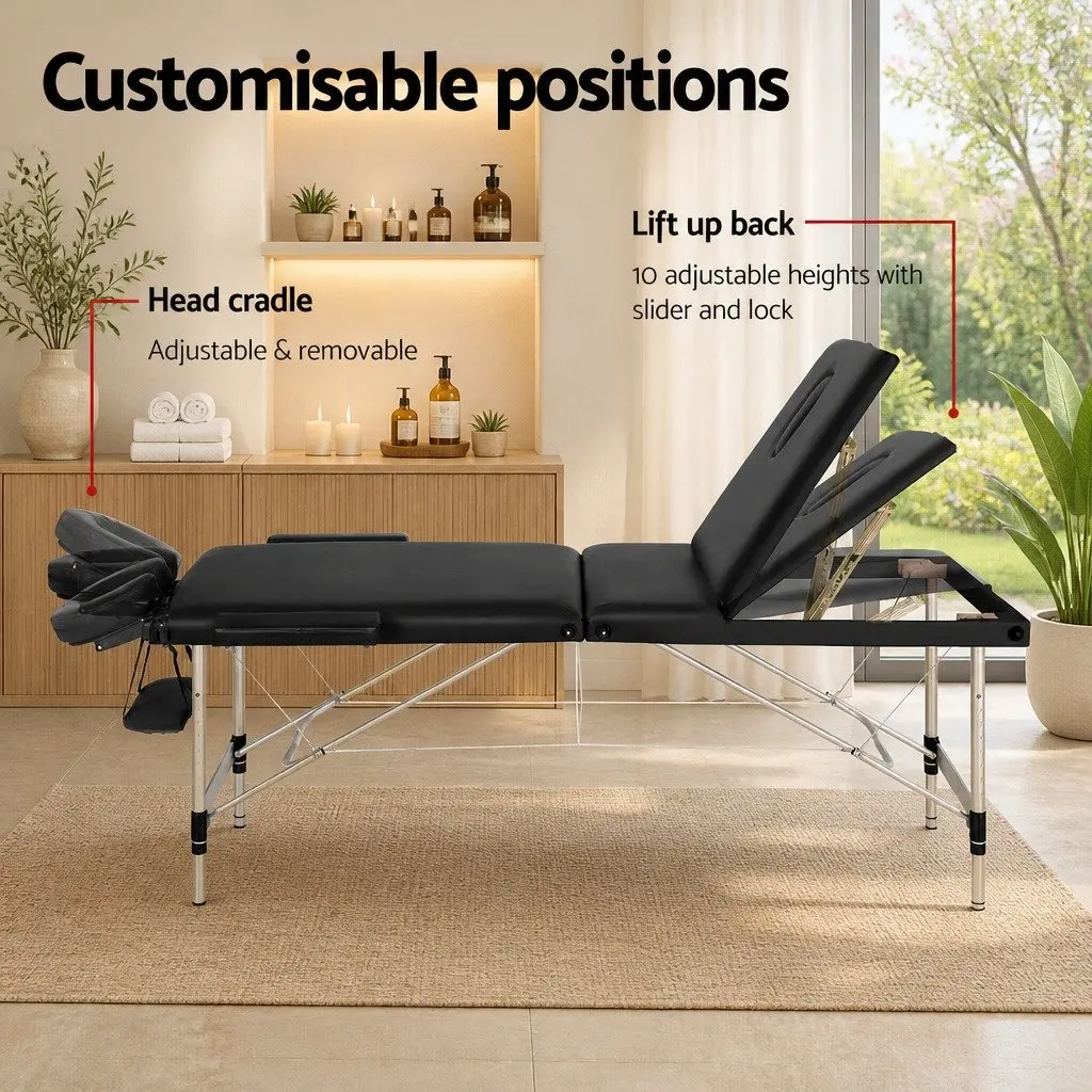 Massage Table Aluminium 85cm Portable 3 Fold Black