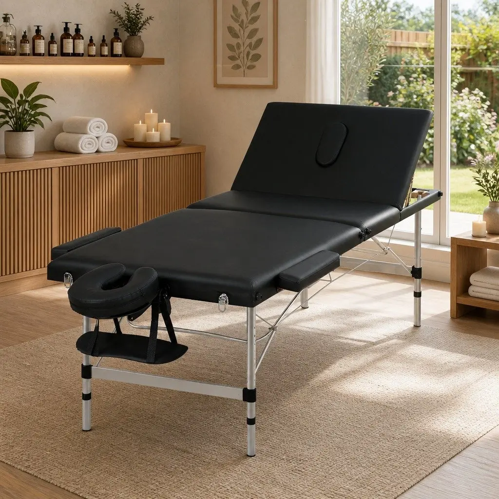 Massage Table Aluminium 85cm Portable 3 Fold Black
