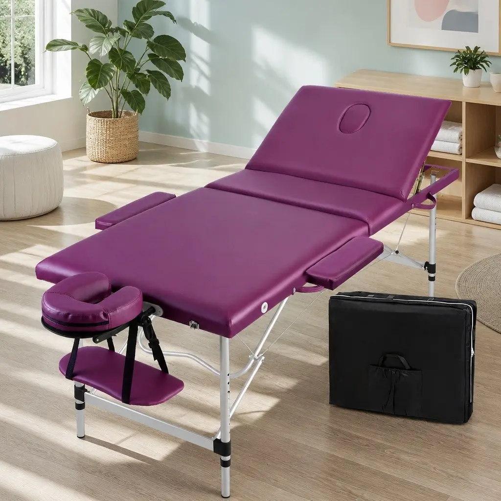 Massage Table Aluminium 75cm Wide 3 Fold Portable Violet