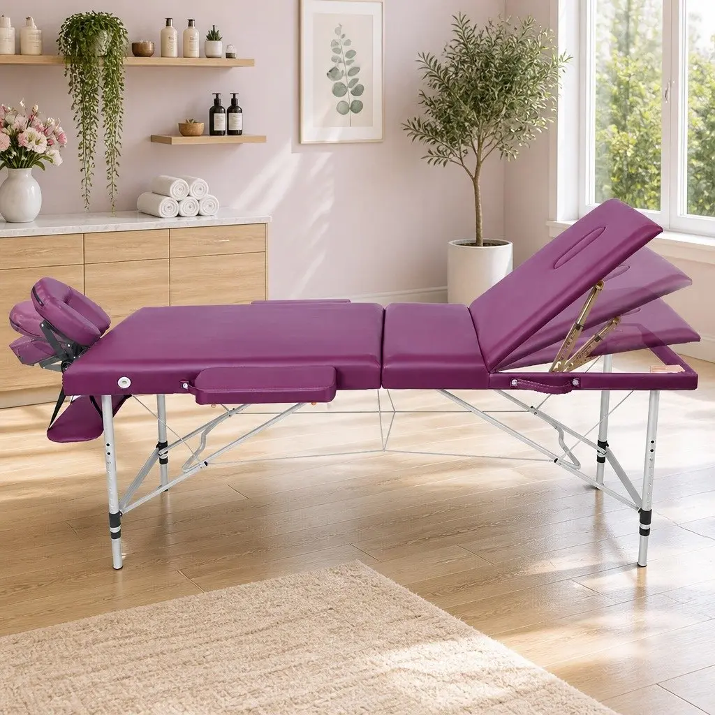 Massage Table Aluminium 75cm Wide 3 Fold Portable Violet