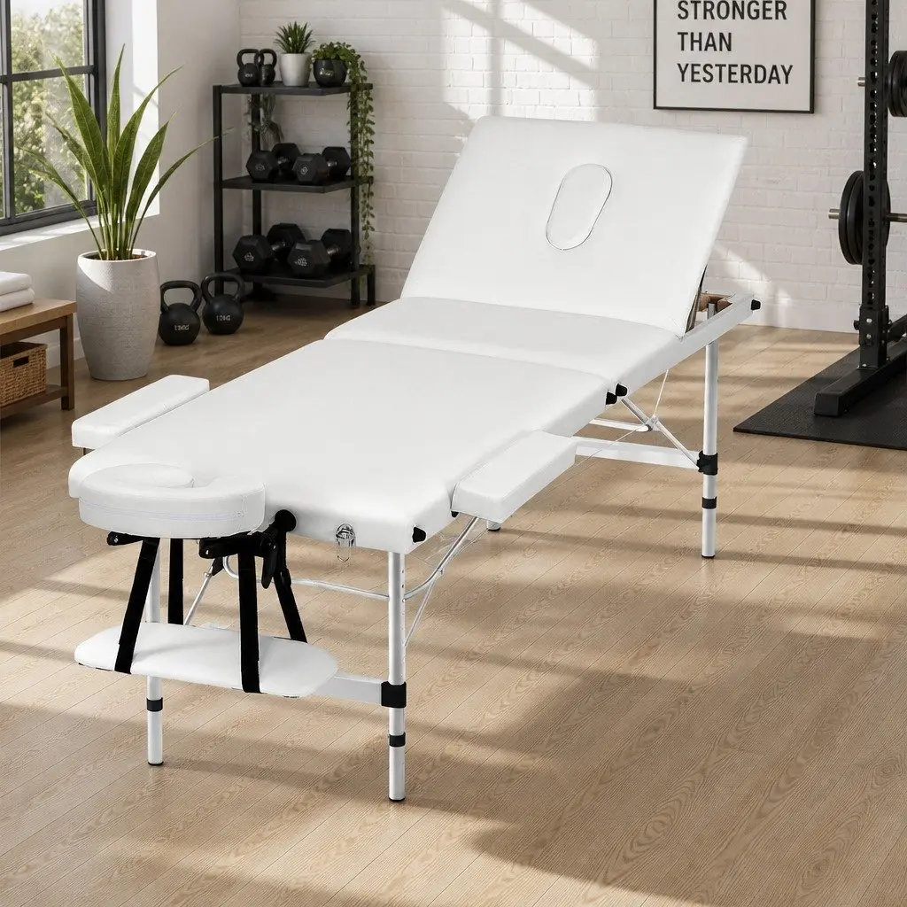 Massage Table Aluminium 65cm Portable 3 Fold Adjustable Beauty Bed White