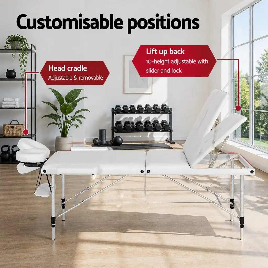 Massage Table Aluminium 65cm Portable 3 Fold Adjustable Beauty Bed White