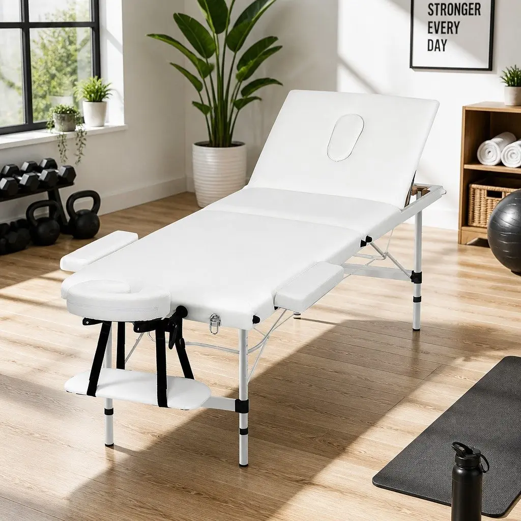 Massage Table Aluminium 65cm Portable 3 Fold Adjustable Beauty Bed White