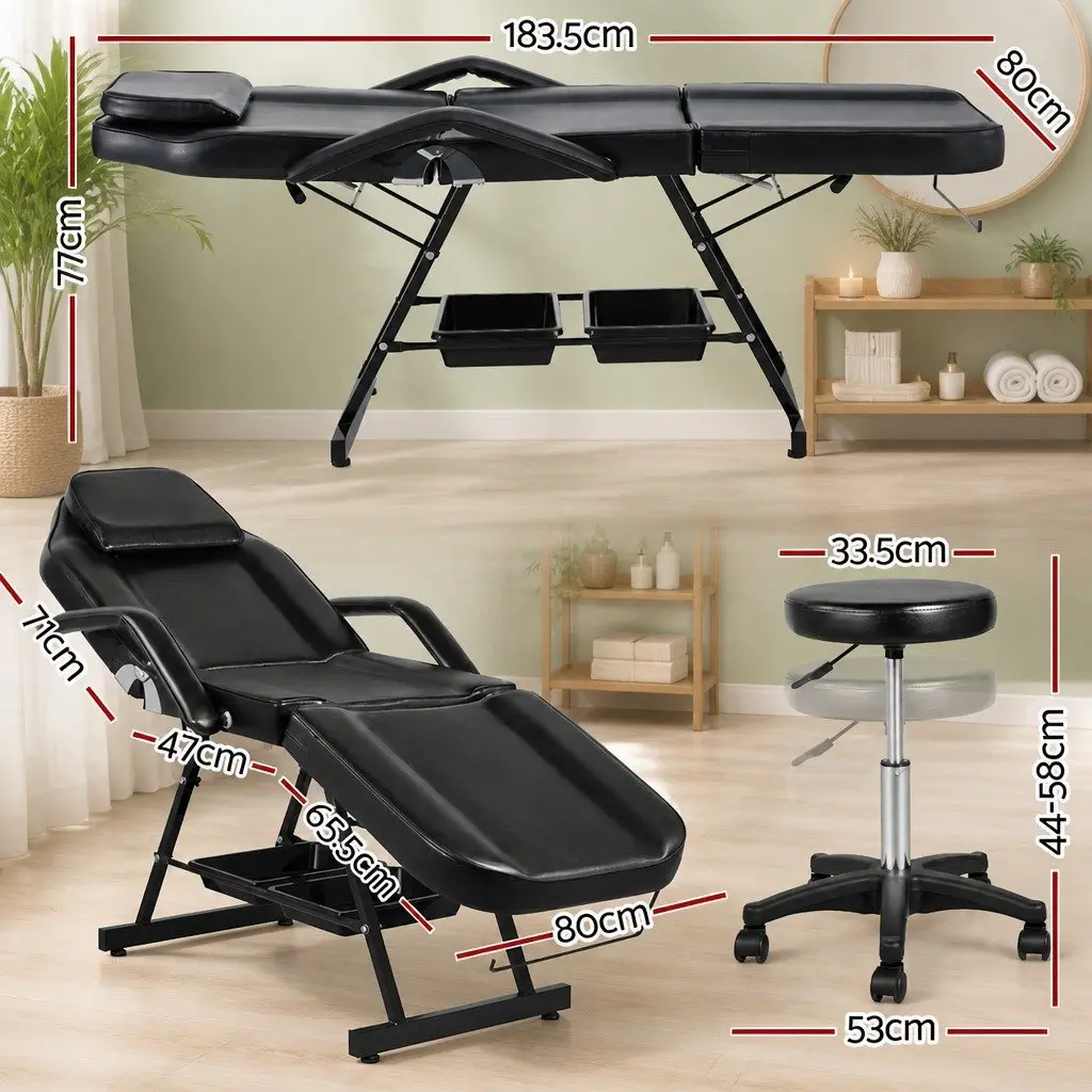 Massage Table Adjustable PU Leather 3-Fold Bed with Stool Face Cradle Headrest Black