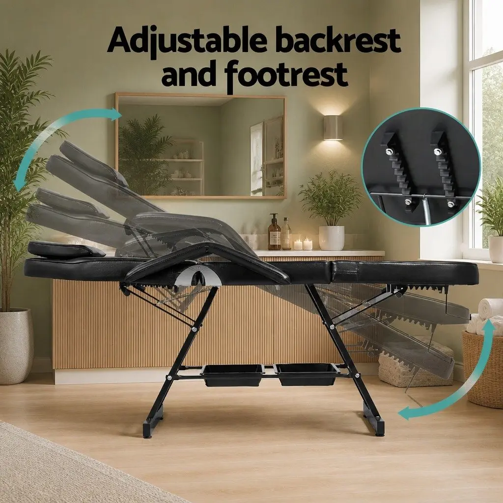 Massage Table Adjustable PU Leather 3-Fold Bed with Stool Face Cradle Headrest Black