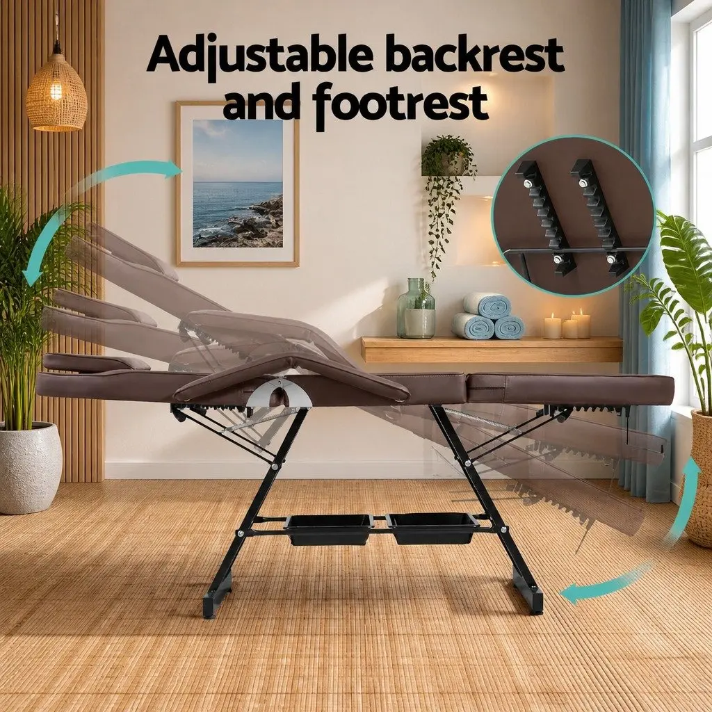 Massage Table Adjustable Portable 3-Fold Brown PU Leather Therapy Couch