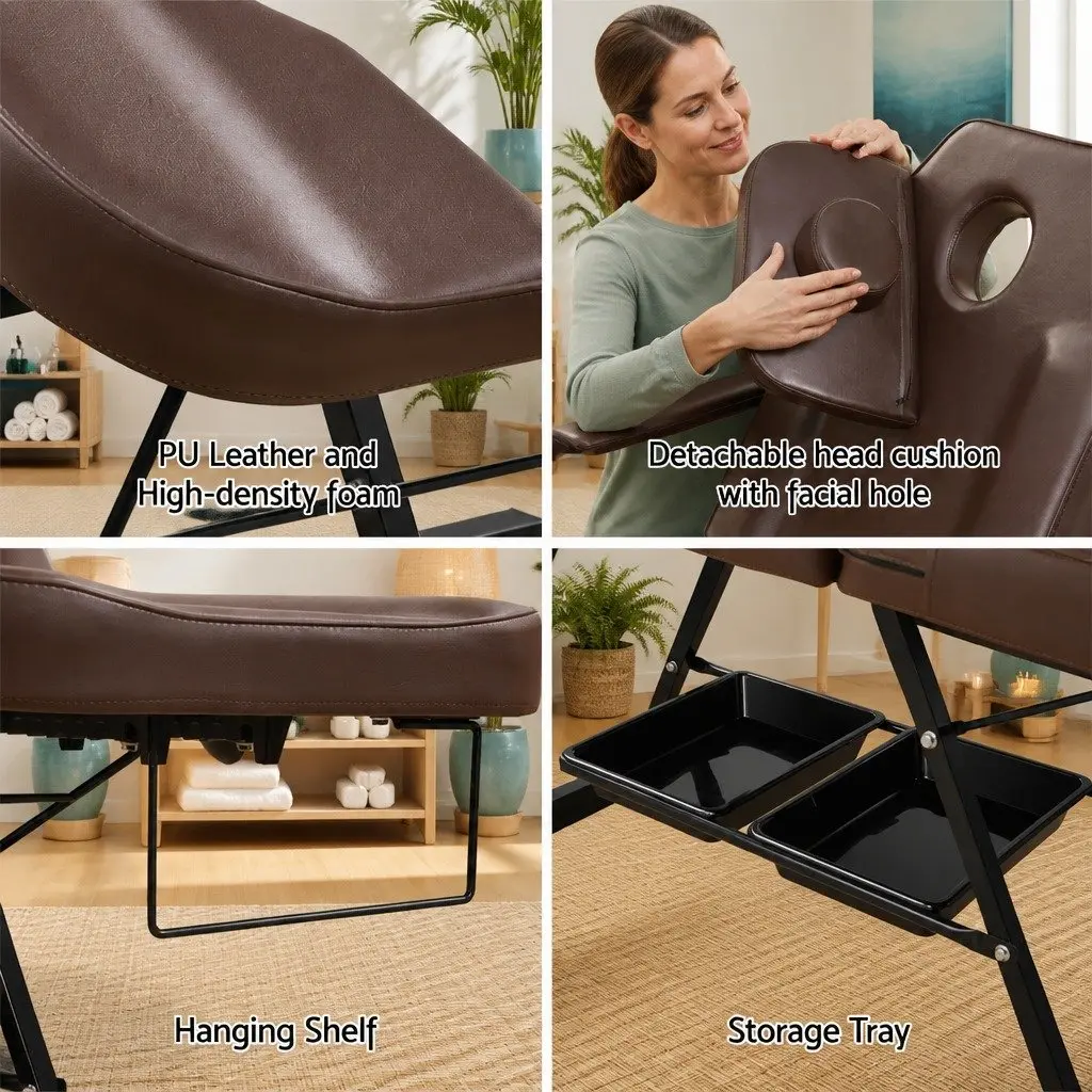 Massage Table Adjustable Portable 3-Fold Brown PU Leather Therapy Couch