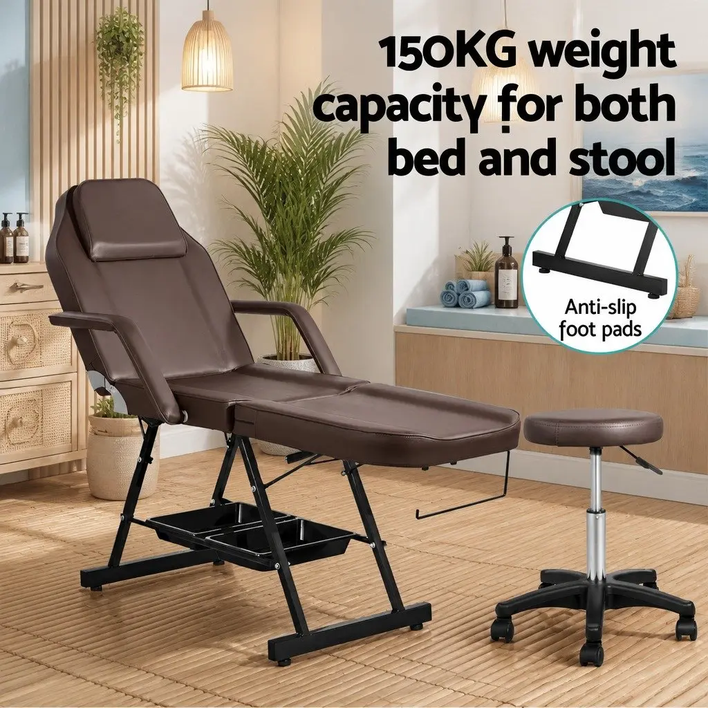 Massage Table Adjustable Portable 3-Fold Brown PU Leather Therapy Couch