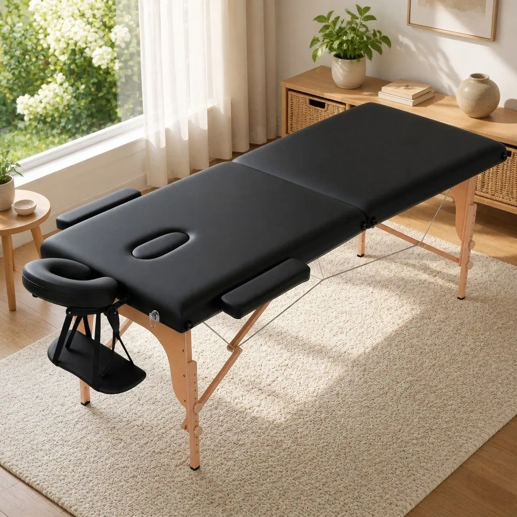 Portable Wooden Massage Table 2 Fold 70cm Black Vinyl Surface for Beauty Therapy and Relaxation