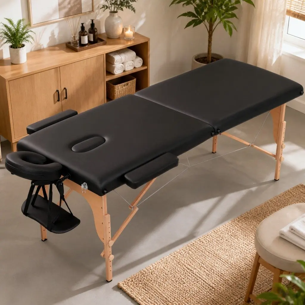 Portable Wooden Massage Table 2 Fold 70cm Black Vinyl Surface for Beauty Therapy and Relaxation