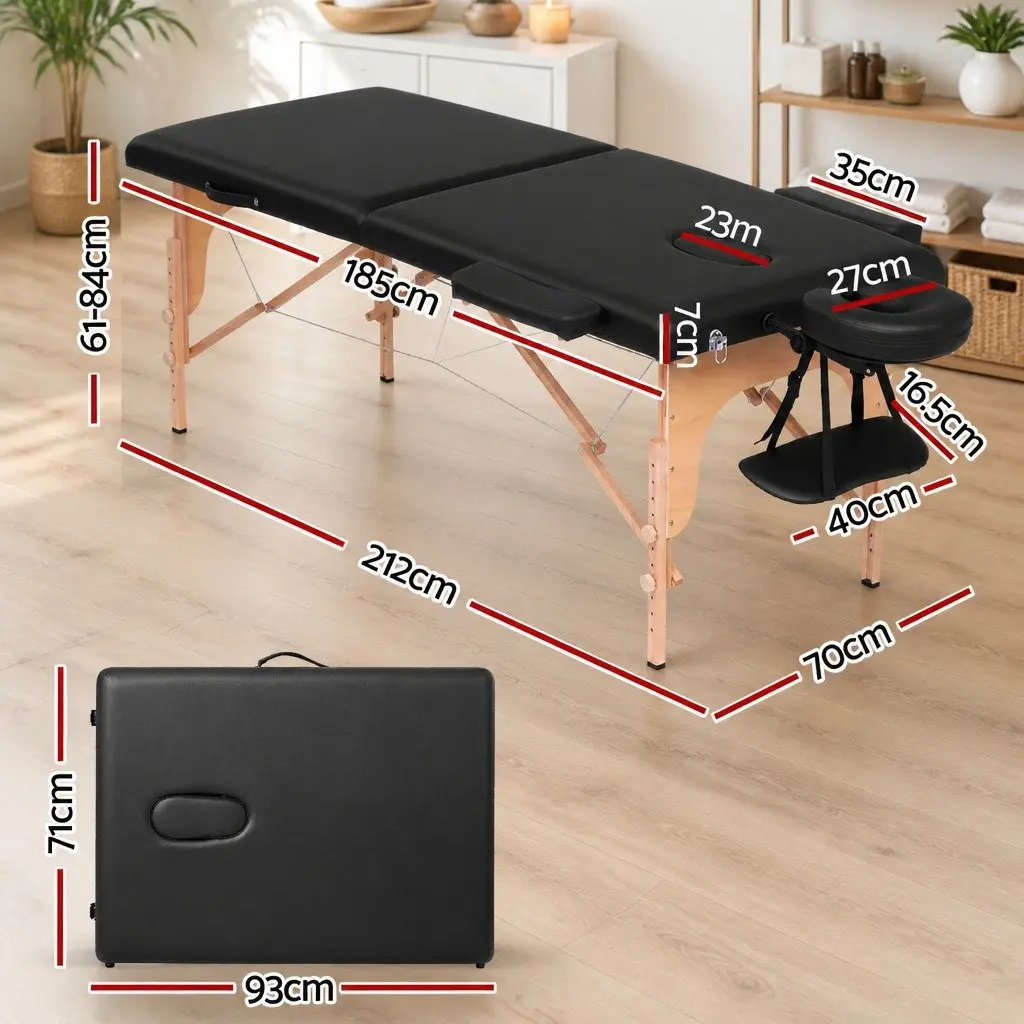 Portable Wooden Massage Table 2 Fold 70cm Black Vinyl Surface for Beauty Therapy and Relaxation