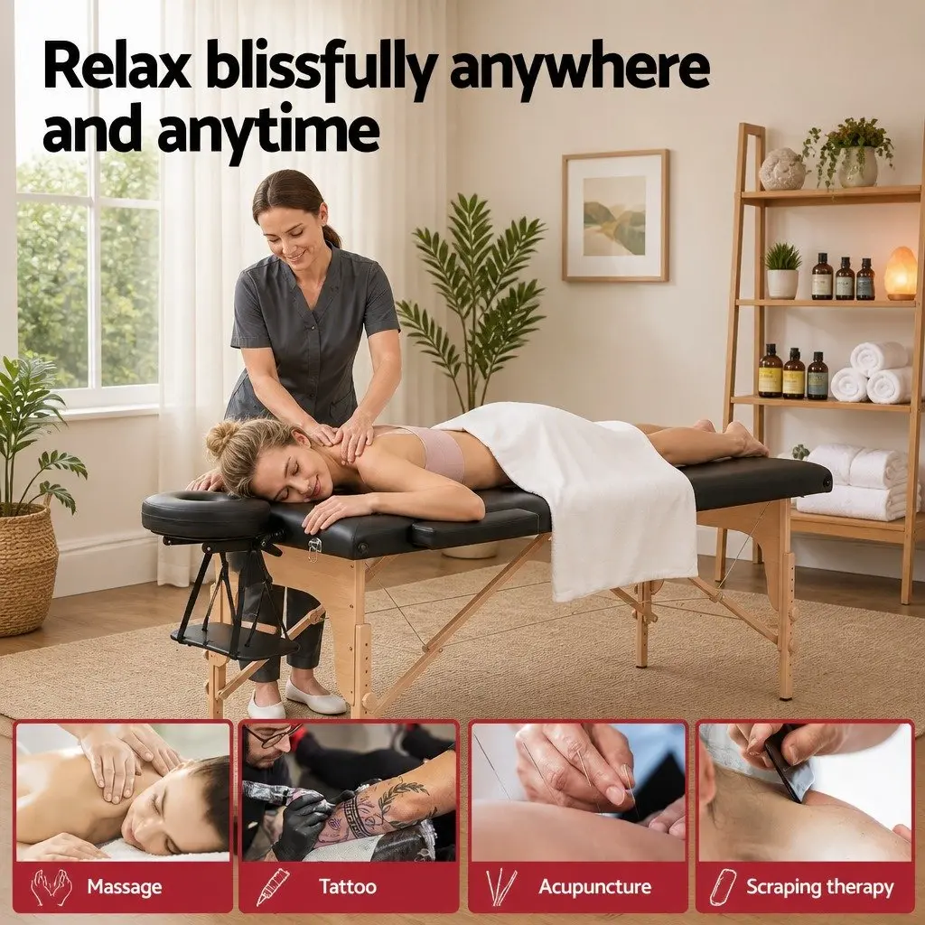 Portable Wooden Massage Table 2 Fold 70cm Black Vinyl Surface for Beauty Therapy and Relaxation