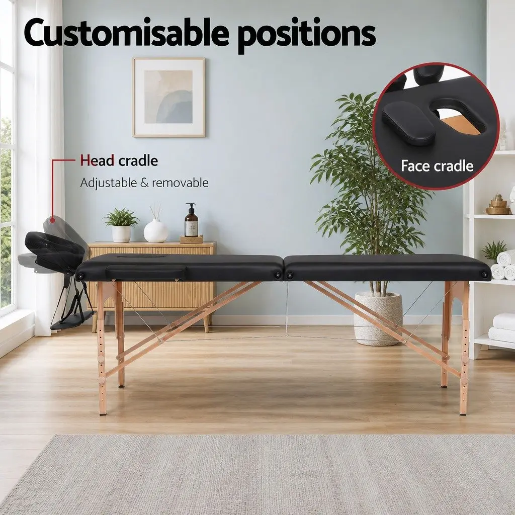 Portable Wooden Massage Table 2 Fold 70cm Black Vinyl Surface for Beauty Therapy and Relaxation