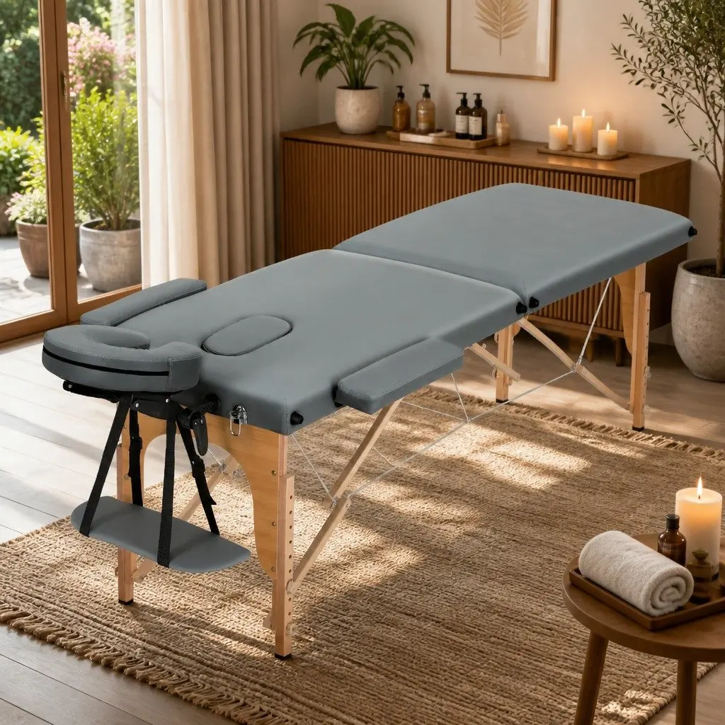 Massage Table Wooden Portable 56cm Grey Adjustable Height 2 Fold