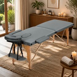 Massage Table 56cm Portable 2 Fold Wooden Beauty Bed Grey Adjustable Height