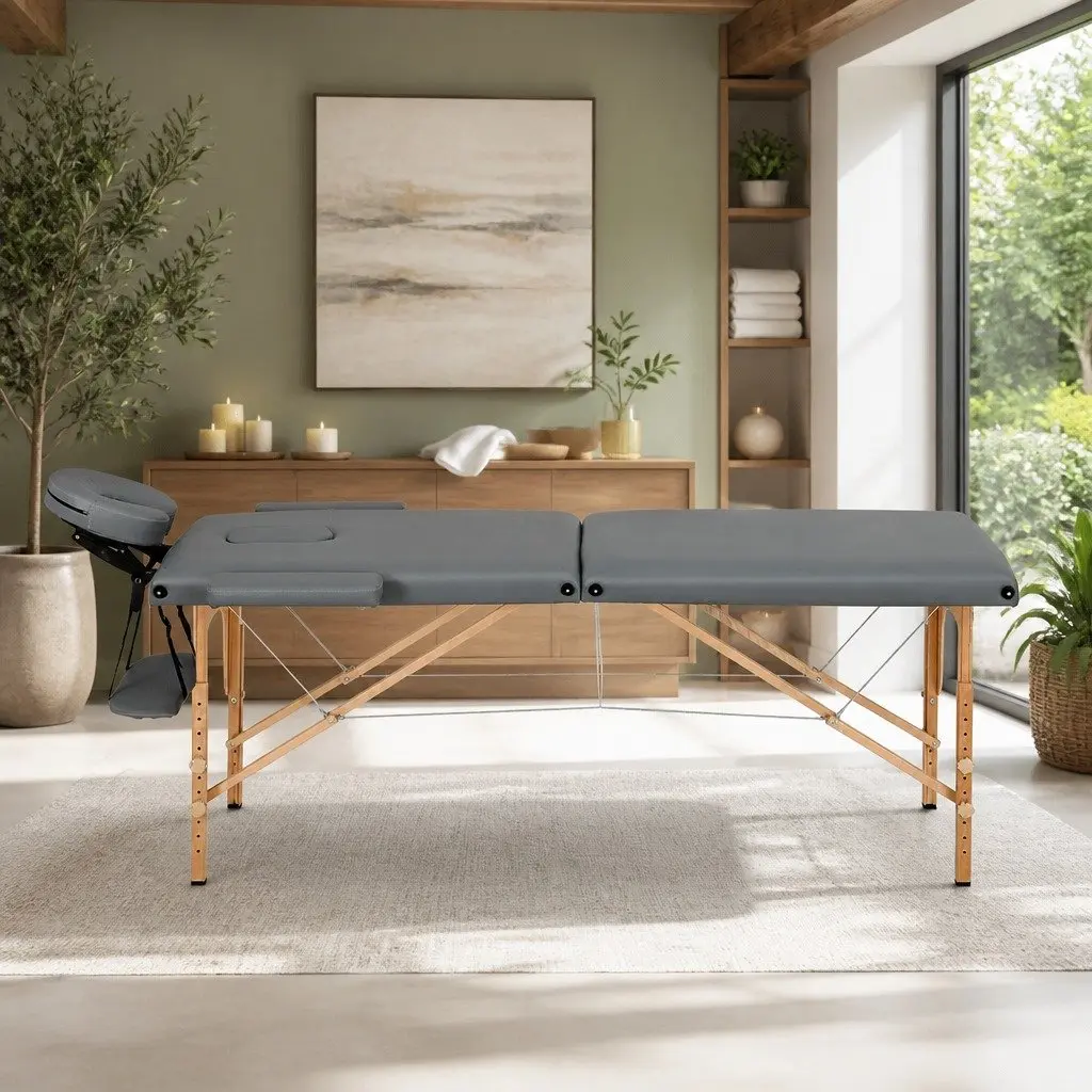 Massage Table Wooden Portable 56cm Grey Adjustable Height 2 Fold