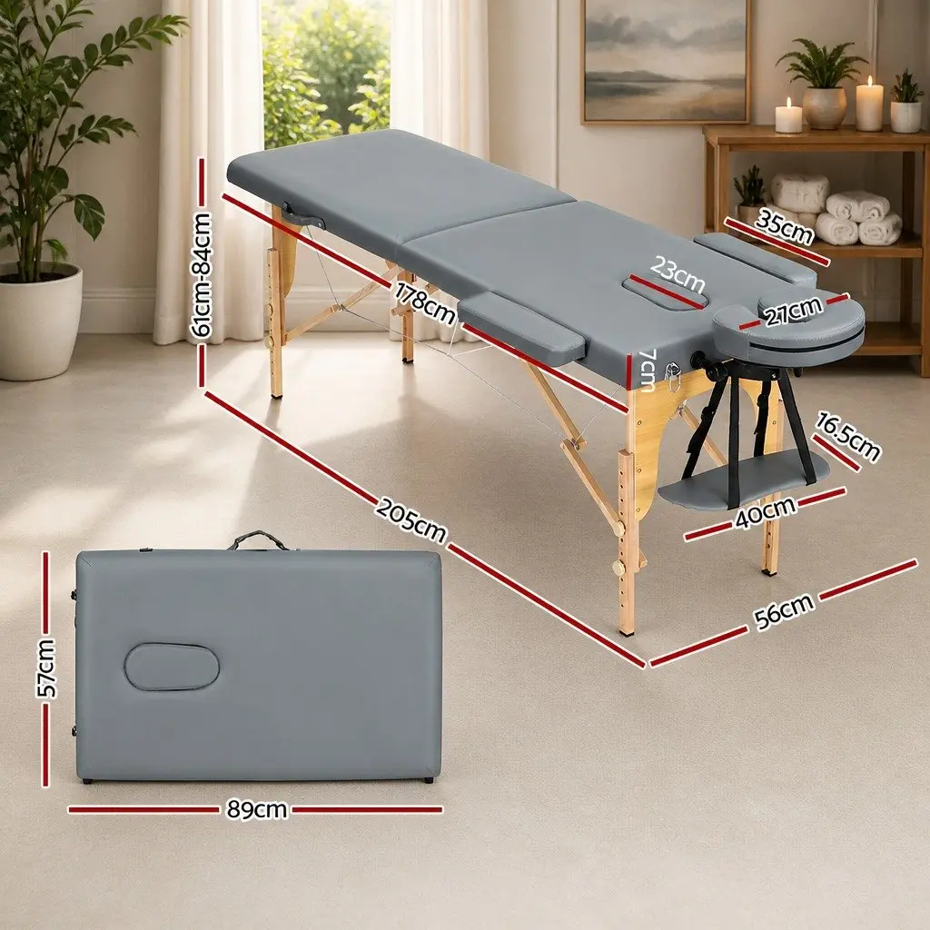Massage Table Wooden Portable 56cm Grey Adjustable Height 2 Fold