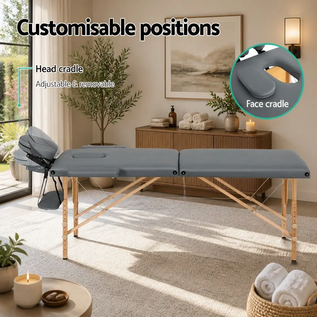 Massage Table Wooden Portable 56cm Grey Adjustable Height 2 Fold