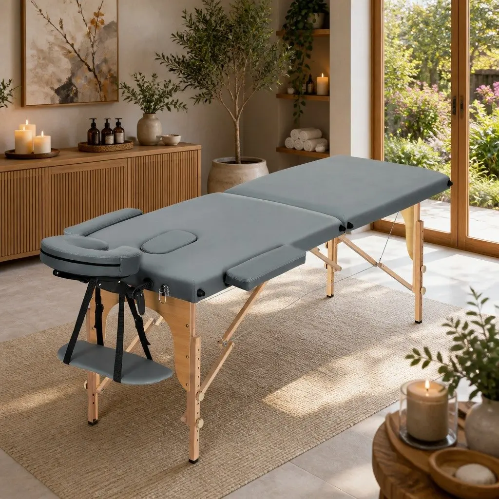 Massage Table Wooden Portable 56cm Grey Adjustable Height 2 Fold