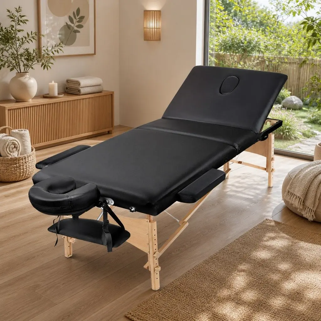 Portable Massage Table Wooden 60cm Wide Adjustable Height Black
