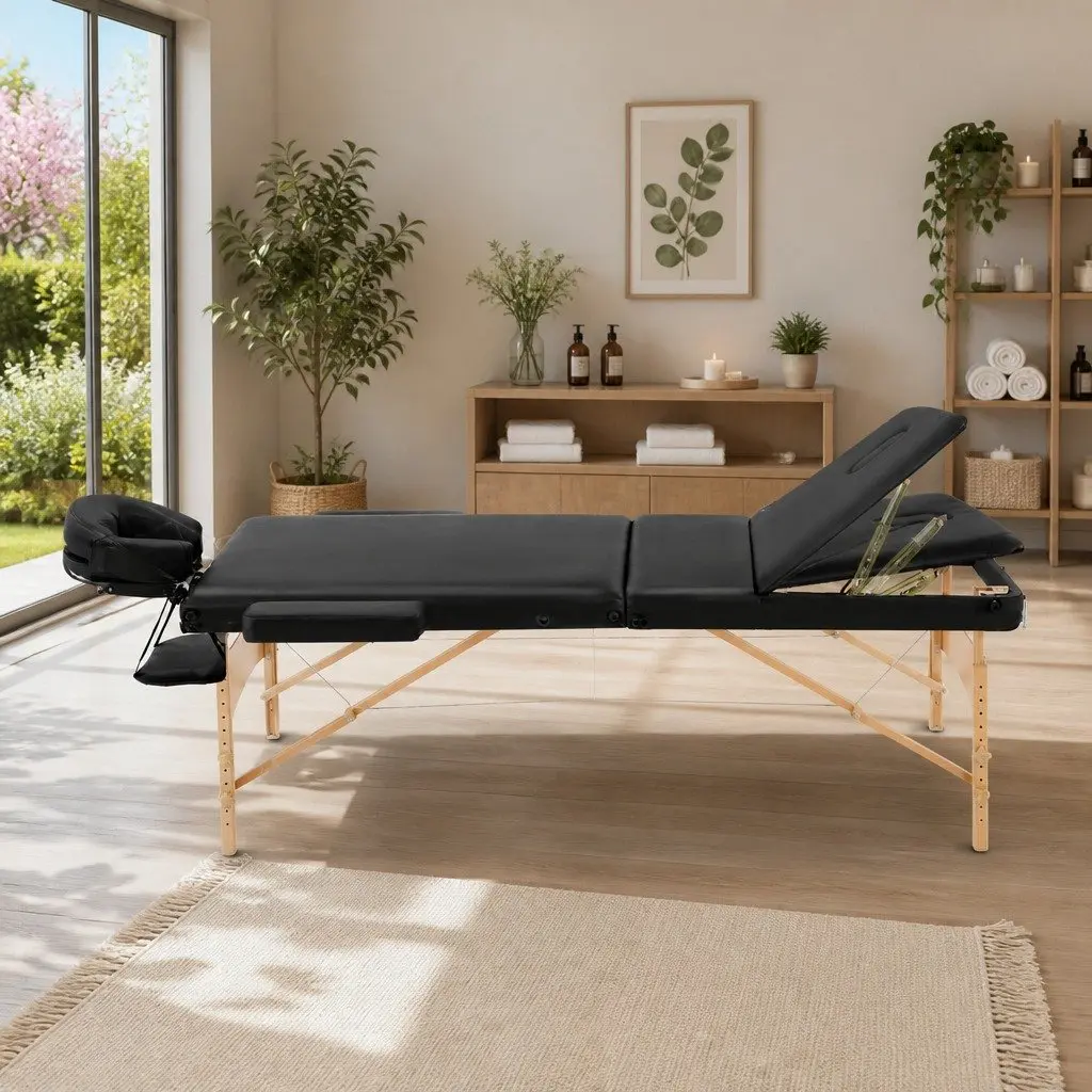 Portable Wooden Massage Table 70cm 3 Fold Therapy Beauty Bed Black Adjustable