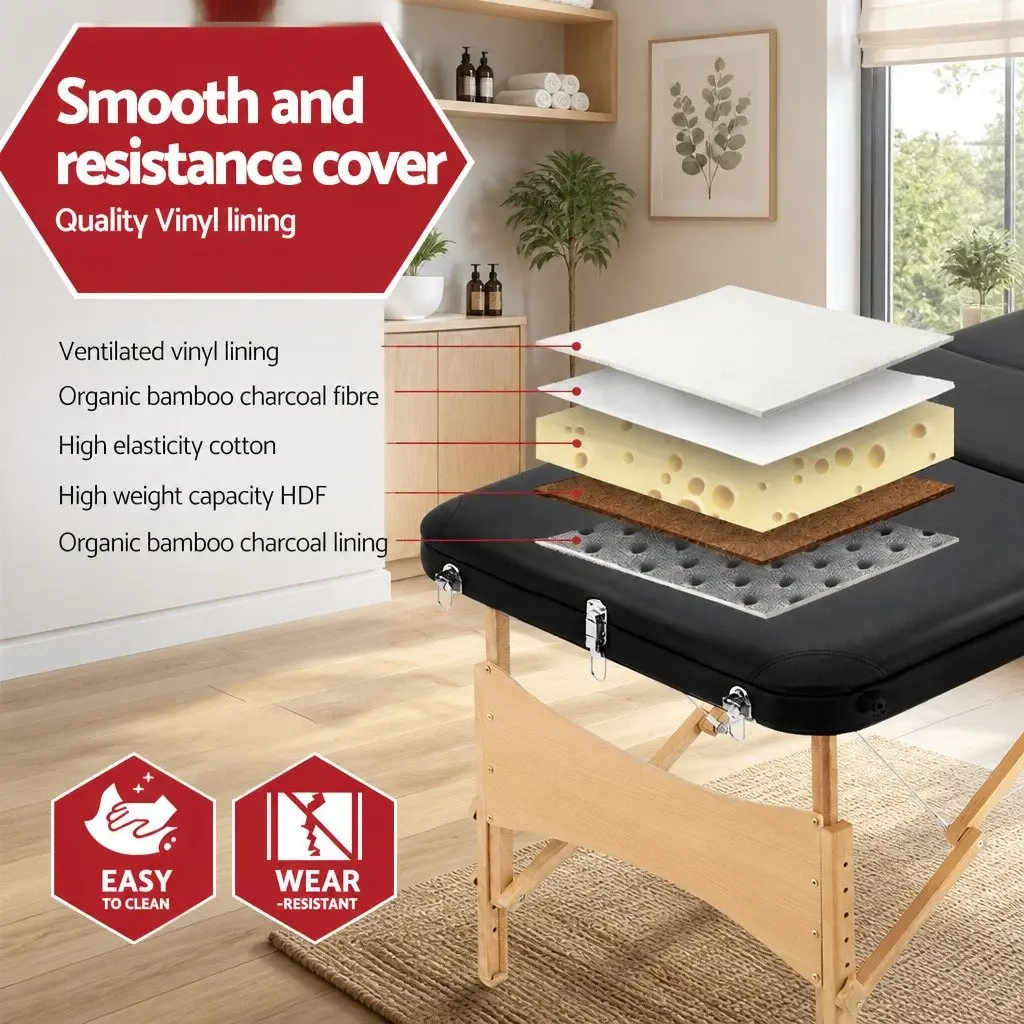 Portable Wooden Massage Table 70cm 3 Fold Therapy Beauty Bed Black Adjustable