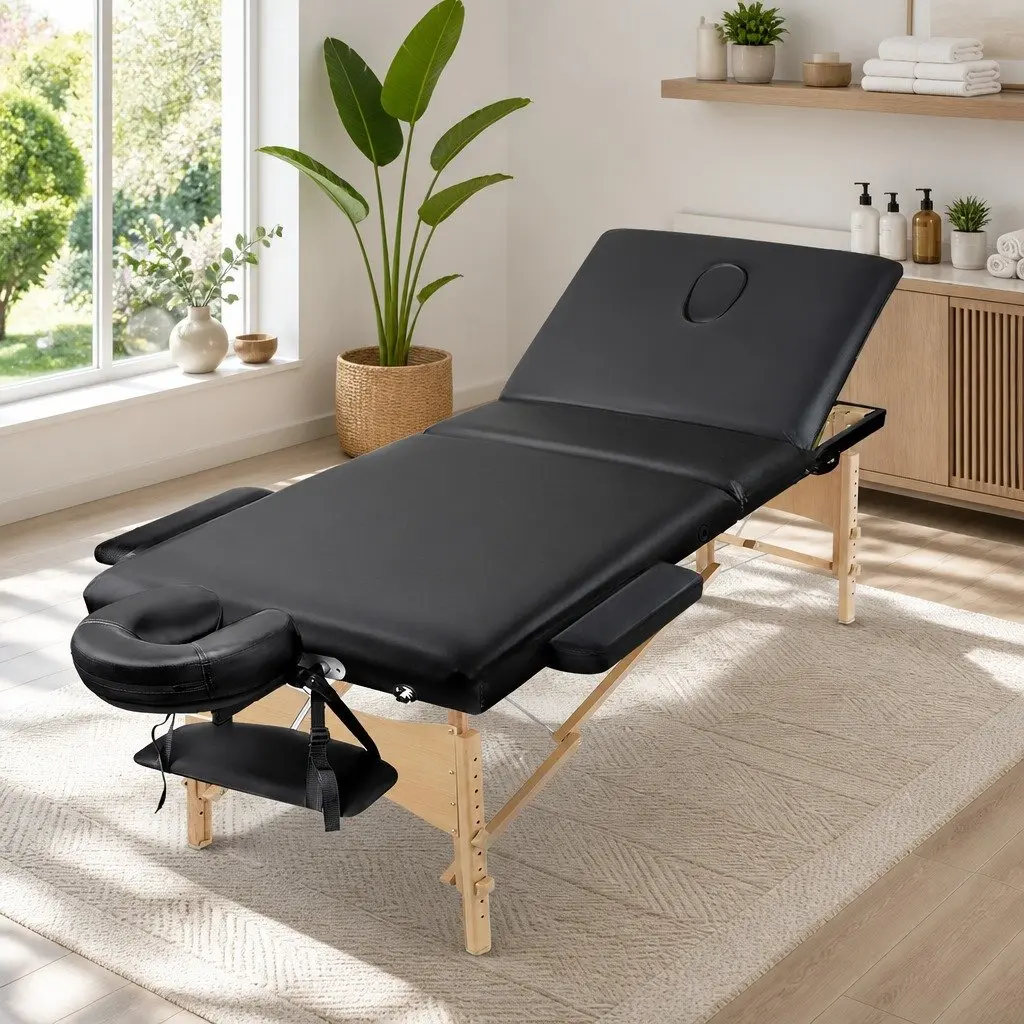 Portable Wooden Massage Table 70cm 3 Fold Therapy Beauty Bed Black Adjustable