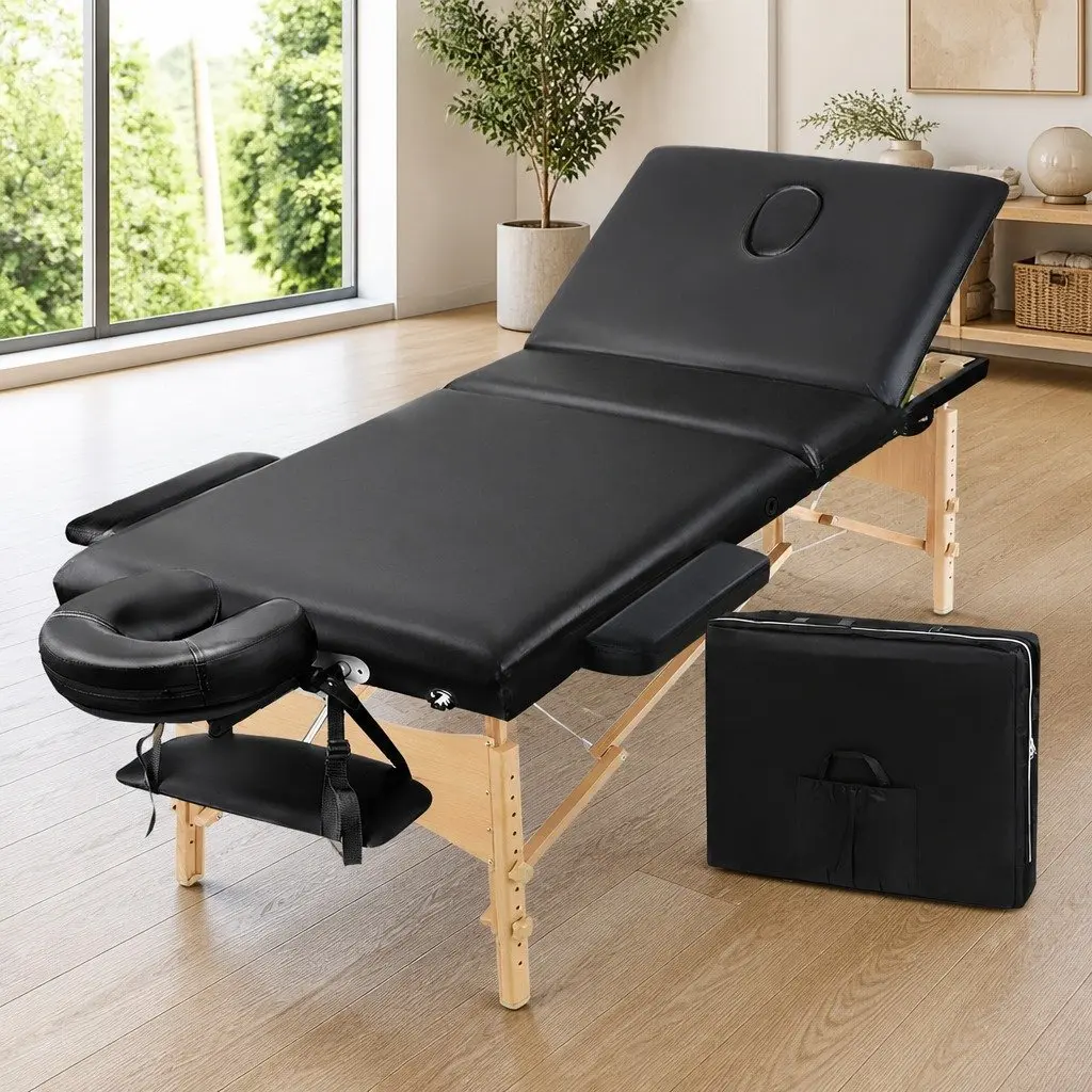 Portable Massage Table Wooden 75cm Wide 3 Fold Black