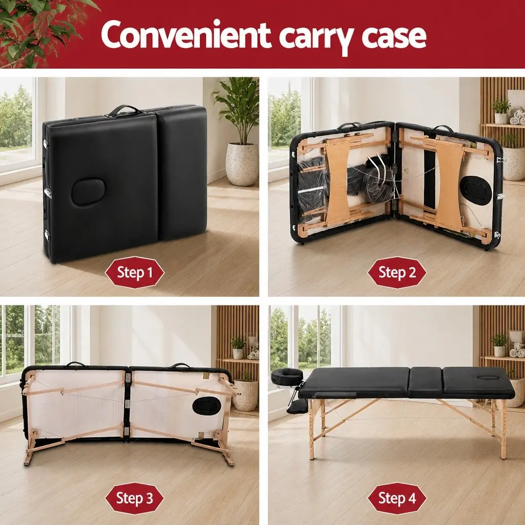Portable Massage Table Wooden 75cm Wide 3 Fold Black