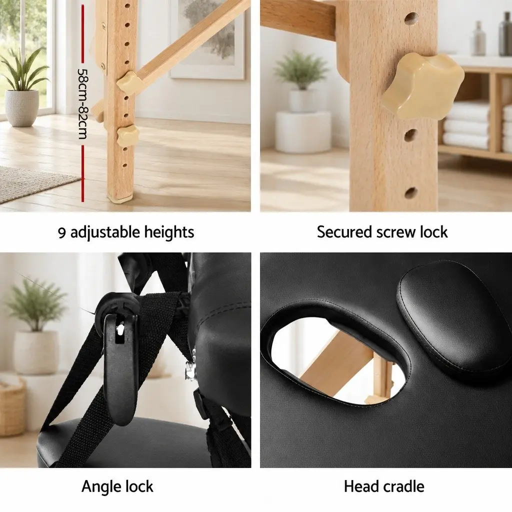 Portable Massage Table Wooden 75cm Wide 3 Fold Black