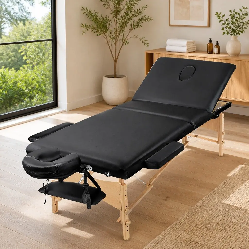 Portable Massage Table Wooden 75cm Wide 3 Fold Black