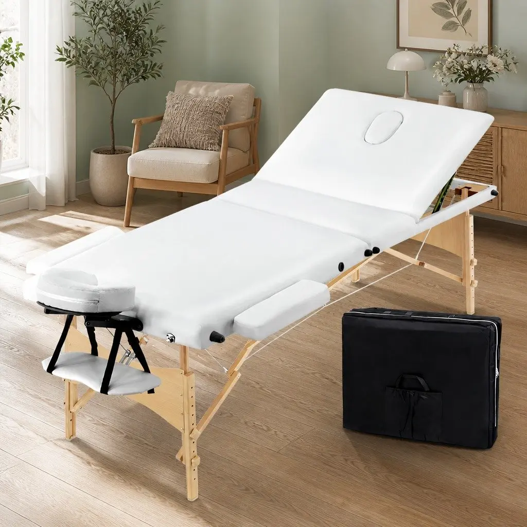 Portable Massage Table Wooden 70cm Adjustable Height 3 Fold White