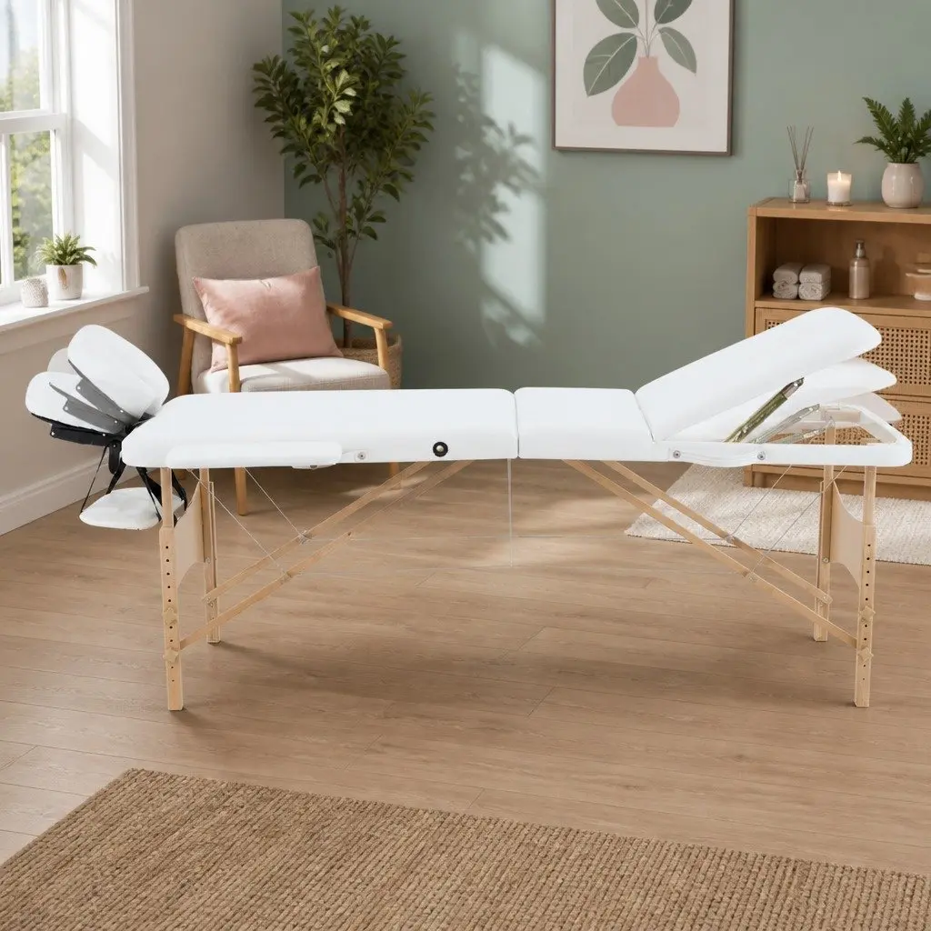 Portable Massage Table Wooden 70cm Adjustable Height 3 Fold White