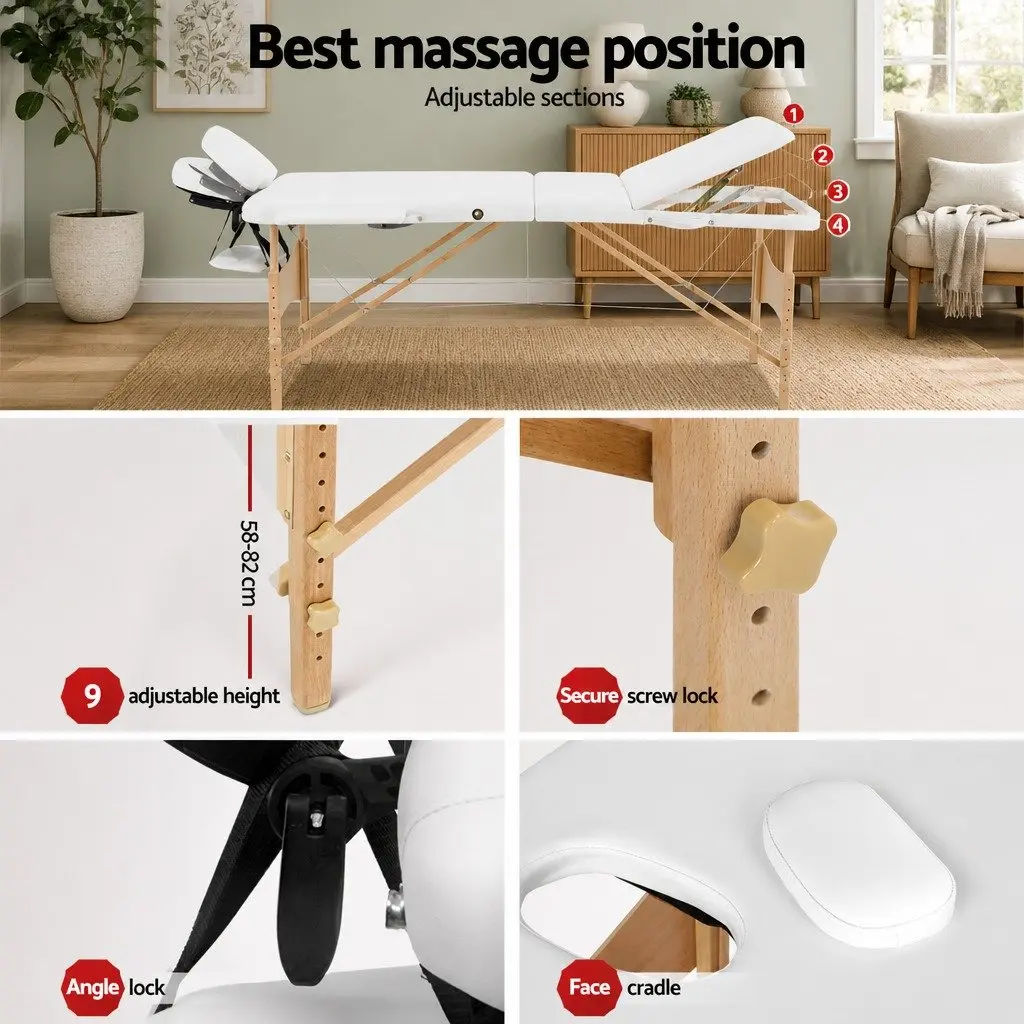 Portable Massage Table Wooden 70cm Adjustable Height 3 Fold White