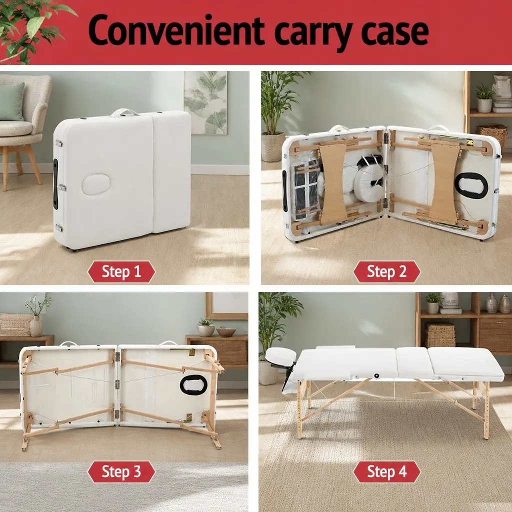 Portable Massage Table Wooden 70cm Adjustable Height 3 Fold White