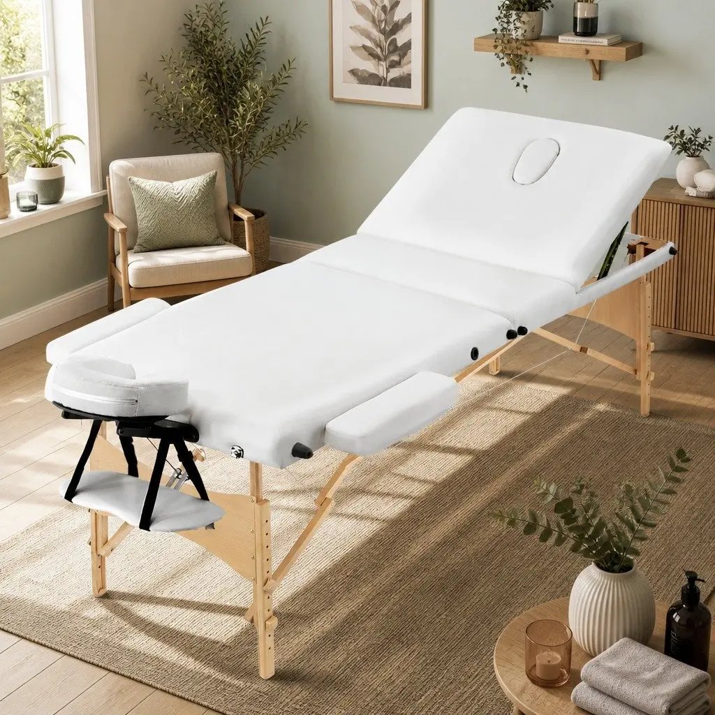 Portable Massage Table Wooden 70cm Adjustable Height 3 Fold White