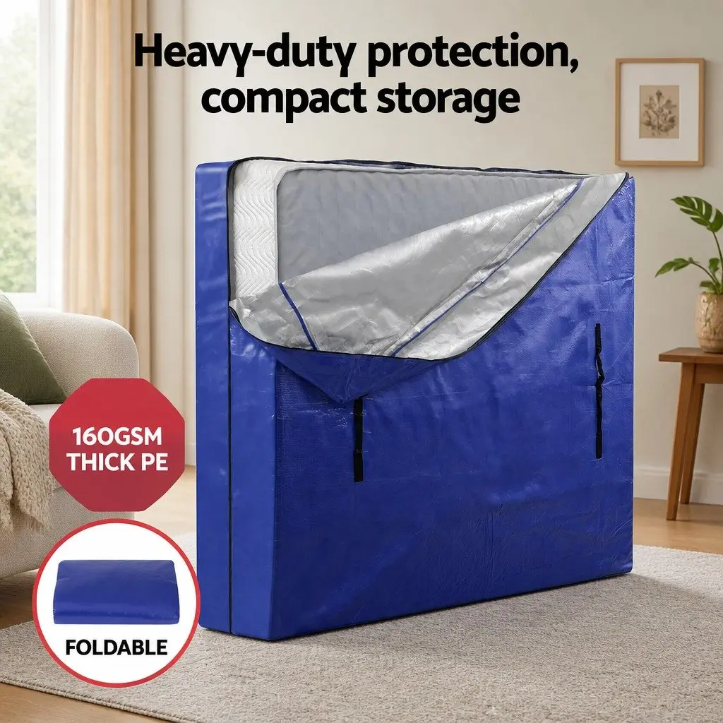 King Mattress Storage Bag Waterproof 3-Sided Zipper Dust Protector Blue 207cm L x 187cm W x 38cm H